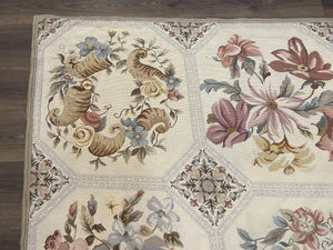 Vintage Needlepoint Rug 8x11, Floral Panel Design, Flatweave Handmade Needlepoint Carpet 8 x 11, Room Size Wool Needlepoint Rug, Cream Color