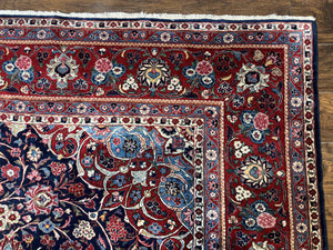 Navy Blue Persian Rug 9x12, Antique Persian Carpet, Kork Wool, 200 KPSI, Persian Kashan Rug