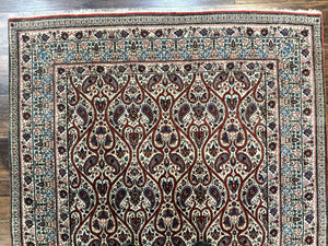 Unique Persian Qum Rug 5x7, Repeated Paisely Boteh Design, Ivory Red Blue, Handmade Antique Wool Persian Carpet, Finely Hand Knotted