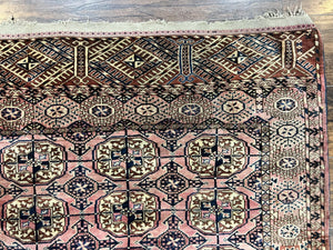 Persian Turkoman Rug 4x6, Wool Hand Knotted Antique Bokhara Carpet, Red Pink, Handmade Tribal Oriental Rug 4 x 6 ft