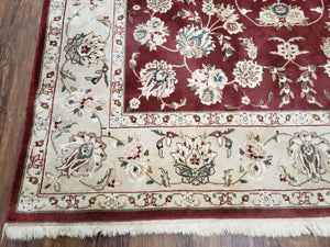 Vintage Traditional Oriental Area Rug, Hand-Knotted, Wool & Silk Accents, Maroon Red and Beige, 6x9 Carpet, 5' 9" x 9'