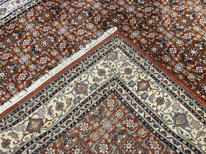 Indo Bidjar Rug 8x10, Indo Persian Bijar Carpet 8 x 10 ft, Herati Allover Floral, Red and Ivory, Wool Hand Knotted Vintage Oriental Rug Nice
