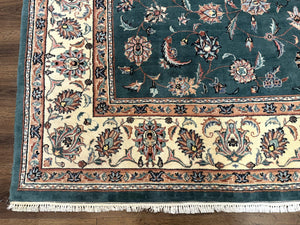 Indo Persian Rug 8x10, Green and Beige Oriental Carpet, Traditional Wool Area Rug, Floral Allover Pattern