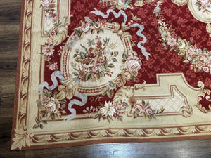 Aubusson Rug 8x11, Needlepoint Carpet, Red Ivory Beige, Vintage, French European Design