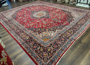 Large Persian Kashan Rug 11x14, Traditional Persian Carpet, Wool, Fine 250 KPSI, Red Navy Blue