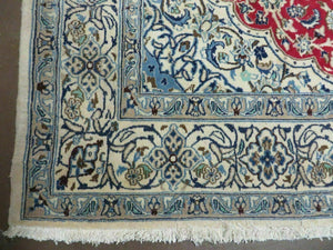 Square Persian Nain Rug 6'3" x 6' 8", Hand-Knotted, Wool with Silk Accents, Ivory Red Blue