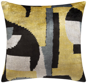 Luxury Silk Velvet Throw Pillow - Gold, Black, Gray, and Ivory Abstract Design, 20x20 in