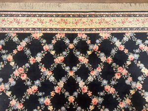 8.8 x 12 Karastan Garden of Eden Rug, Ebony Trellis #509/1270, Black, Floral, Wool Pile, Vintage, Discontinued