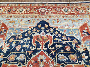 Safavieh Samarkand Heriz Rug 8x9 ft, Colorful Serapi Room Sized Hand-Knotted Wool Carpet, Tribal Rug, Vintage Oriental Rug, Navy Blue & Red