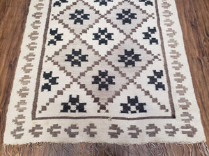 Semi Antique South American Blanket 4x8, Wool Hand-Woven Flatweave Kilim Rug, Handmade Antique Vintage Runner, Ivory & Blue, Diamond Panel