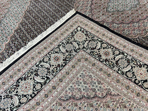Fine Sino Persian Rug 9x12, Herati Mahi Pattern, Hand Knotted Wool Vintage Black Oriental Carpet 9 x 12 ft, Handmade Room Sized Rug, Nice