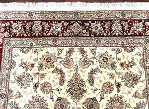 Pak Persian Rug 6x9, Floral Allover Carpet 6 x 9 ft, Cream and Maroon Hand Knotted Wool and Silk Fine Oriental Rug, Traditional Vintage Rug