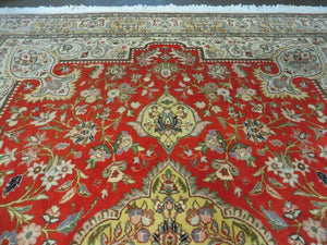 Vintage Persian Tabriz Rug 9x12, Tabatabaie Rug 9x12 Carpet, Handmade Hand Knotted Wool Area Rug, Tomato Red Beige, Medallion Rug, Floral