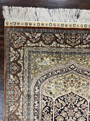 Turkish Silk Hereke Rug 2x3, Floral Vase Tree of Life Birds, Silk Pile on Silk Foundation, Vintage Oriental Carpet, Very Fine, Signature