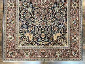 Persian Kashan Rug 4x7, Floral Medallion Vintage Handmade Hand Knotted Navy Blue & Red Wool Oriental Carpet, Highly Detailed Semi Antique Rug
