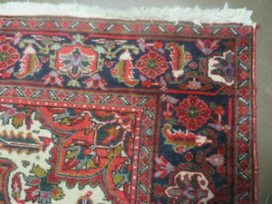 Persian Heriz Rug 7.5 x 10, Room Sized Heriz Ahar Carpet, Semi Antique Vintage Floral Large Medallion Rug, Red and Navy Blue, Hand Knotted Wool Rug