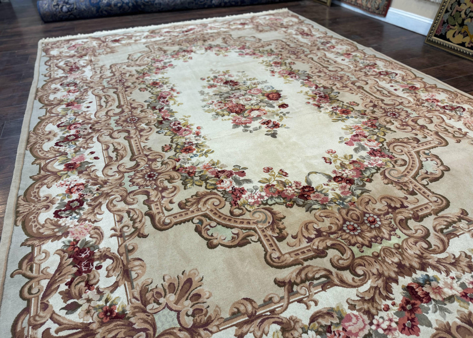 Aubusson Rug 8x12, European French Savonnerie Design, Thick Wool Pile, Elegant Rug, Cream Beige Light Green