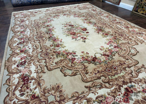 Aubusson Rug 8x12, European French Savonnerie Design, Thick Wool Pile, Elegant Rug, Cream Beige Light Green