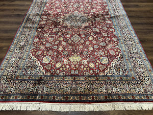 Indian Kashmiri Silk Rug 6x9, Red and Navy Blue, Floral Medallion, Fine 275 KPSI