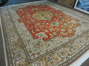 Vintage Persian Tabriz Rug 9x12, Tabatabaie Rug 9x12 Carpet, Handmade Hand Knotted Wool Area Rug, Tomato Red Beige, Medallion Rug, Floral