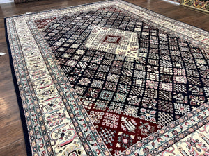 Indo Persian Rug 10x14, Large Wool Hand Knotted Vintage Carpet, Navy Blue & Ivory, 10 x 14 Room Sized Traditional Oriental Rug