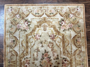 Chinese Aubusson Rug 3.6 x 5, Beige and Gold, Handmade Vintage Elegant European Design Carpet, Plush Wool, Handmade
