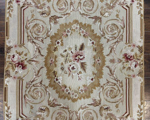 Aubusson Needlepoint Rug 4x5 ft, Beige and Tan, Aubusson Savonnerie Vintage Carpet, Handwoven Handmade Wool Rug, European Design Floral Rose