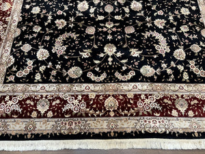 Sino Persian Rug 9x12, High Quality Oriental Carpet, Black and Maroon, Wool and Silk, Allover Floral Pattern, Hand Knotted, Vintage Rug Nice