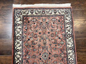 Indo Persian Runner Rug 2.6 x 10, Wool Hand Knotted Vintage Oriental Carpet, Pink & Ivory, Floral Allover, Hallway Rug