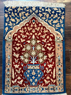 Small Persian Nain Rug, Persian Vase Tree of Life Design, Red and Blue, Very Fine 260 KPSI, Wool and Silk Highlights