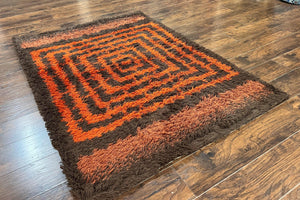 Vintage Rya Shag Rug 4.6 x 6.6, Abstract Design, Brown and Orange, Mid Century Danish Rya Carpet