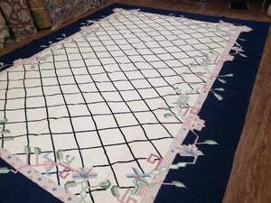 Vintage Dhurrie Rug, Indian Dhurrie 8x11 - 9x11, Wool Hand-Woven Ivory & Black Indo Carpet, Large Flat Weave Rug Living Room Rug Black White