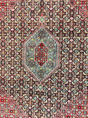 Indo Persian Rug 8x10, Wool Hand Knotted Vintage Carpet, Red & Midnight Blue, Indo Bidjar Oriental Rug, Herati Mahi Pattern, Room Sized Rug