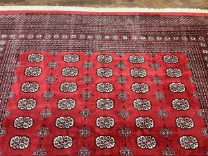 Turkoman Rug 8 x 11.6, Red Bokhara Pakistani Carpet, Wool Handmade Vintage Rug
