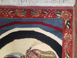 Vintage Small Pictorial Lovers Rug 2.5 x 4, Taj Mahal Indo Persian Rug, Wool Hand-Knotted Indian Rug, King & Queen, Layla and Majnun