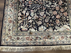 Silk Rug 4x6, Black and Cream, Floral & Bird Pictorials, Fine 330 KPSI, Sino Persian Rug