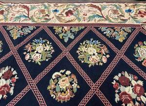 Palace Size Needlepoint Rug 12x20, European French English Aubusson Floral Design, Black and Beige