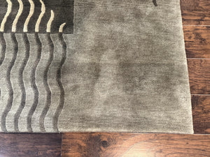 Modern Tibetan Wool Rug 3.6 x 5.6, Shades of Green, Abstract Design