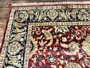 Indo Persian Rug 10x14, Indian Agra Carpet, Vintage Handmade Wool Large Traditional Rug, Dark Red Navy Blue Beige