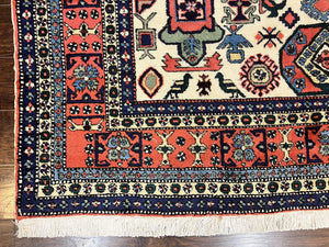 Persian Tribal Rug 8x11, Persian Ardabil Rug, Geometric Medallion Animal Pictorial Rug, Ivory Red Blue, Hand Knotted Vintage Wool Carpet