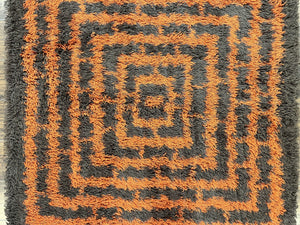 Vintage Rya Shag Rug 4.6 x 6.6, Abstract Design, Brown and Orange, Mid Century Danish Rya Carpet