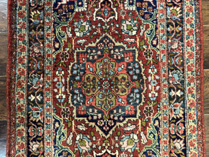Antique Persian Tabriz Rug 3x5, Brick Red Navy Blue, Floral Medallion, Small Persian Carpet