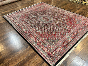 Indo Persian Rug 8x10, Wool Hand Knotted Vintage Carpet, Red & Midnight Blue, Indo Bidjar Oriental Rug, Herati Mahi Pattern, Room Sized Rug