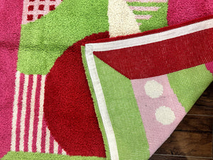 European Shag Rug 4.8 x 4.8, Modern Abstract Design, Green Pink Red, Square Shag Rug, Unique