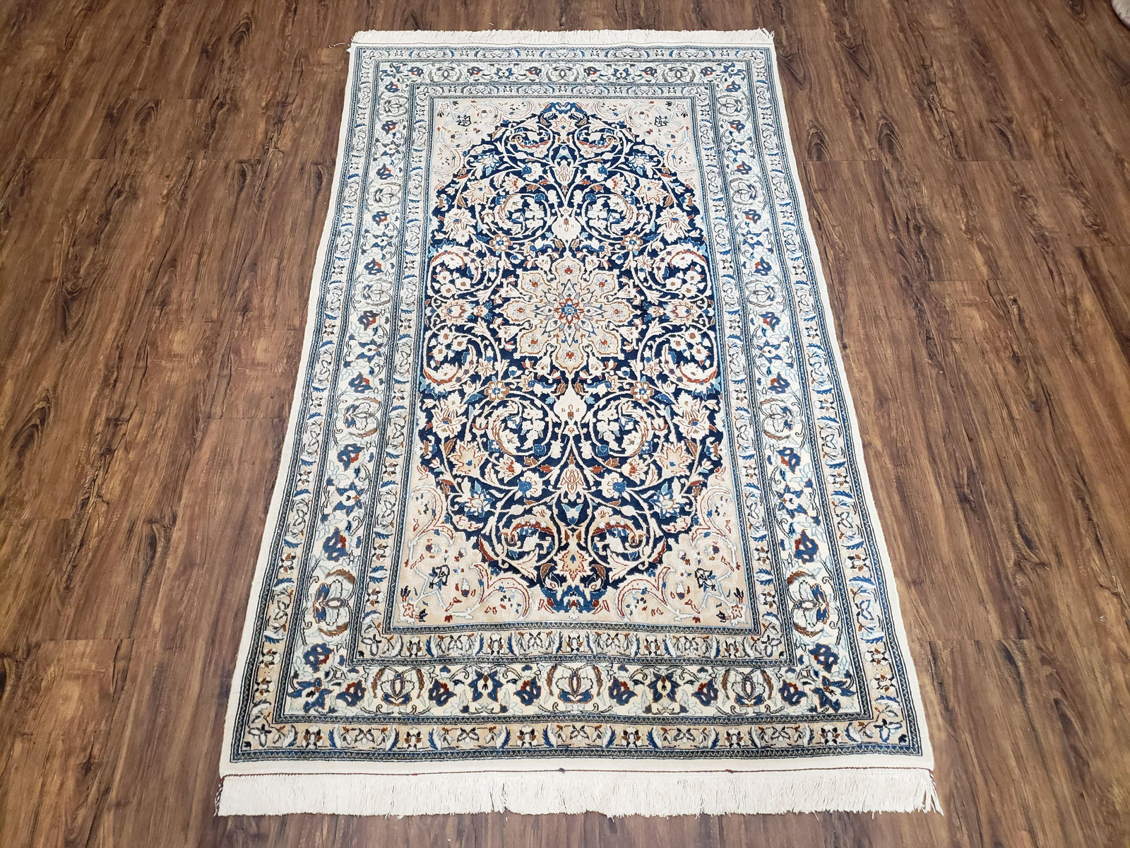 Persian Nain Rug 4x6, Ivory and Blue, Hand-Knotted, Wool & Silk