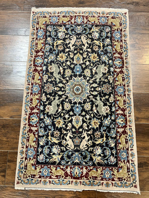 Wonderful Persian Isfahan Rug 2.4 x 4, Animal Pictorials Deer, Floral, Handmade Vintage Navy Blue Small Persian Carpet, Very Fine 430 KPSI Kork Wool