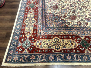 Persian Mashad Rug 10x16, Palace Size Handmade Wool Carpet, Cream Red, Floral Medallion, Vintage