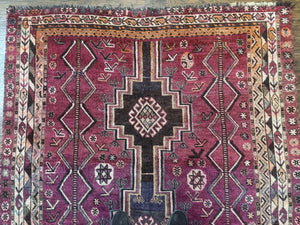 Persian Tribal Shiraz Rug 5x8, Geometric, Raspberry Red and Charcoal, Antique Persian Carpet