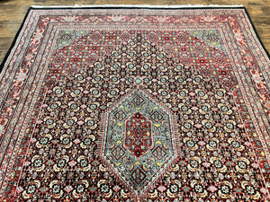 Indo Persian Rug 8x10, Wool Hand Knotted Vintage Carpet, Red & Midnight Blue, Indo Bidjar Oriental Rug, Herati Mahi Pattern, Room Sized Rug