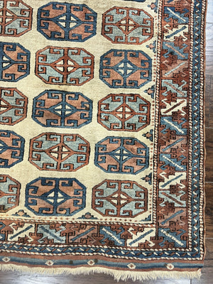 Turkish Kazak Rug 3x4, Wool Hand Knotted Handmade Vintage Carpet, Geometric Tribal Repeated Motif, Small 3 x 4 Antique Rug, Cream Red